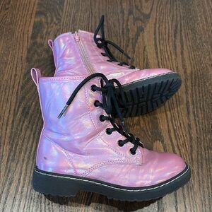 Little girls Sugar pink iridescent combat boots zip up